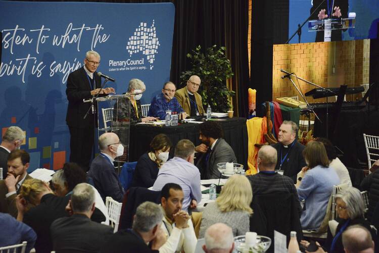 Archbishop Timothy Costelloe of Perth speaks at the Second Assembly of the Plenary Council of the Australian Catholic church in Sydney July 6, 2022. The meeting was disrupted July 6 after more than 60 of the 277 members staged a protest over issues regarding women in the church, including the defeat of a motion to formalize support for the ordination of women as deacons. (CNS photo/Fiona Basile)