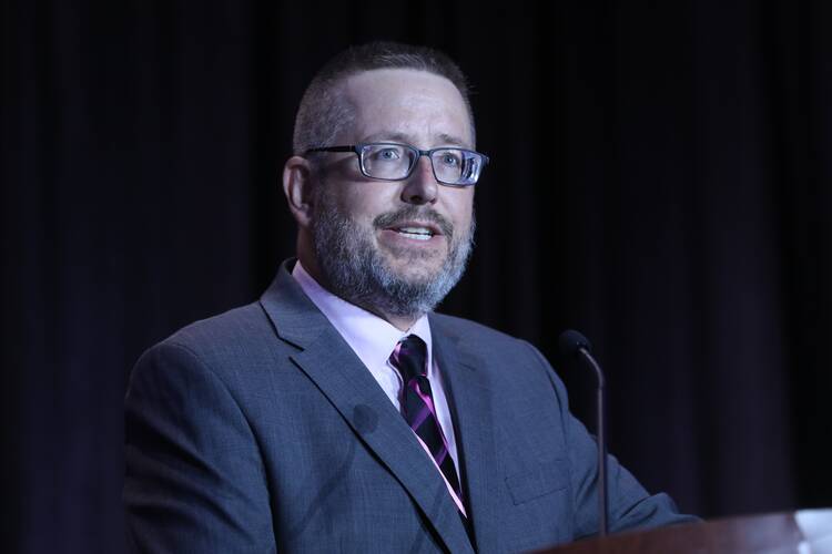 Scott P. Richert, publisher of Our Sunday Visitor, speaks July 6, 2022, during the Catholic Media Conference in Portland, Ore. He announced the Jan. 1, 2023, launching of OSV News. (CNS photo/Bob Roller)