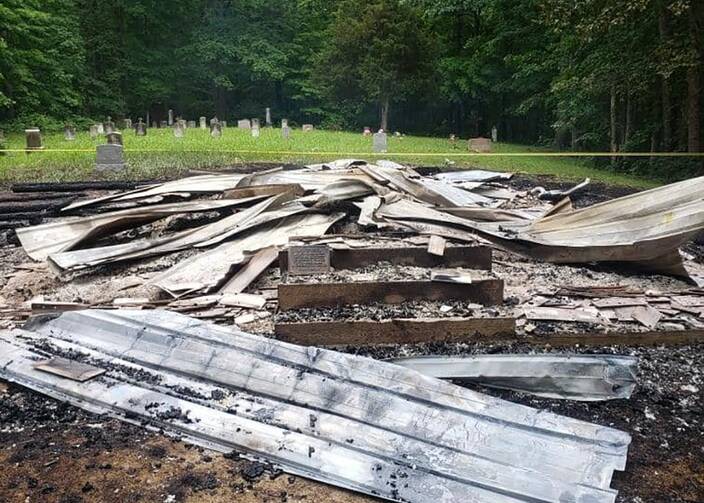 All that remains of St. Colman Church in Dillon, W.Va., on Irish Mountain in Raleigh County, is seen June 27, 2022, after it was found burned to the ground June 26. (CNS photo/courtesy Beaver Volunteer Fire)