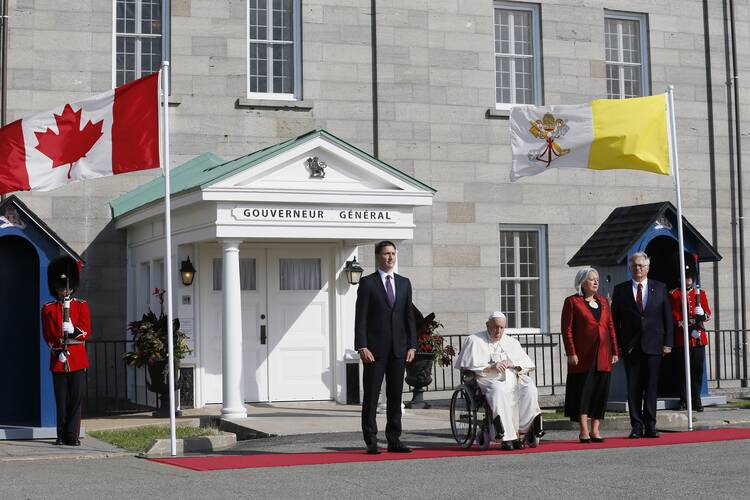 Pope Francis attends a welcoming ceremony with Canadian Prime Minister Justin Trudeau and Mary Simon, governor general of Quebec, at Citadelle de Quebec, the residence of the governor general in Quebec City, July 27, 2022. (CNS photo/Paul Haring)