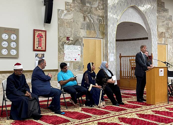 Mayor Tim Keller of Albuquerque, N.M., speaks at an interfaith memorial ceremony at the New Mexico Islamic Center Aug. 9, 2022. The ceremony was held to commemorate four murdered Muslim men came hours after police said they had arrested a prime suspect in the killings. (CNS photo/Andrew Hay, Reuters)
