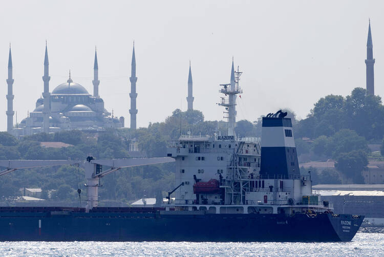 The first cargo ship to leave Ukraine since the Russian invasion, the Razoni crosses the Bosphorus Strait in Istanbul, on Aug. 3. (AP Photo/Khalil Hamra)
