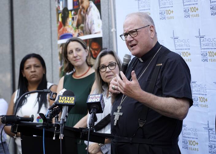 Cardinal Dolan speaks before a microphone.