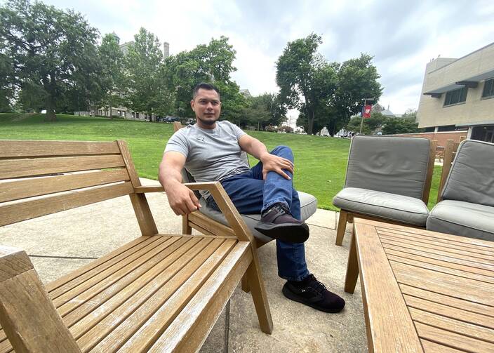 Jorge Alvarenga on the campus of The Catholic University in Washington July 26, 2022 , about being separated from his mother for 17 years after she migrated to the U.S. from their native El Salvador.