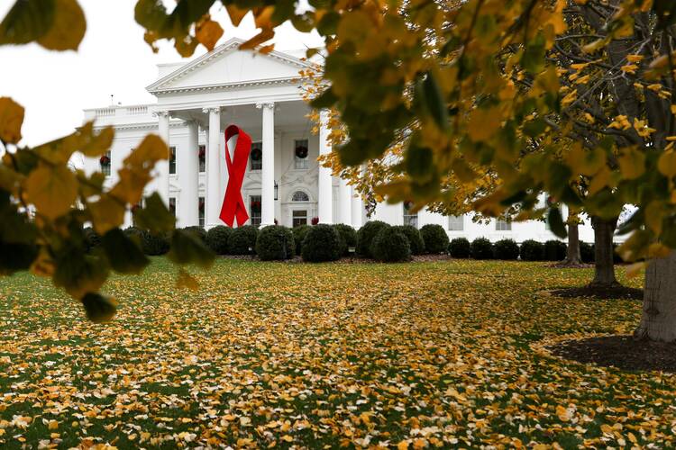 the white house and lawn with yellow leaves on the grass, a large red ribbon hangs in a loop shape to memorialize world aids day in december
