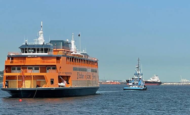 The Dorothy Day Staten Island Ferry arrives in New York for final preparation before her first commuter run on Nov. 8, the Catholic Worker co-founder’s 125th birthday. Photos by Kevin Clarke.