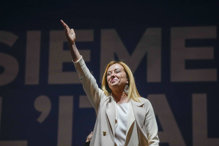 Brothers of Italy’s Giorgia Meloni attends the center-right coalition closing rally in Rome on Sept. 22. Italian voters cast ballots on Sunday, Sept. 25 in an election that has been billed as crucial as Europe reels from the repercussions of war in Ukraine. (AP Photo/Gregorio Borgia, file)