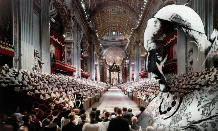 The opening session of the Second Vatican Council in St. Peter's Basilica at the Vatican Oct. 11, 1962. (CNS photo/Giancarlo Giuliani, Catholic Press Photo), with the original sketch of Pope John XXIII superimposed on the right.