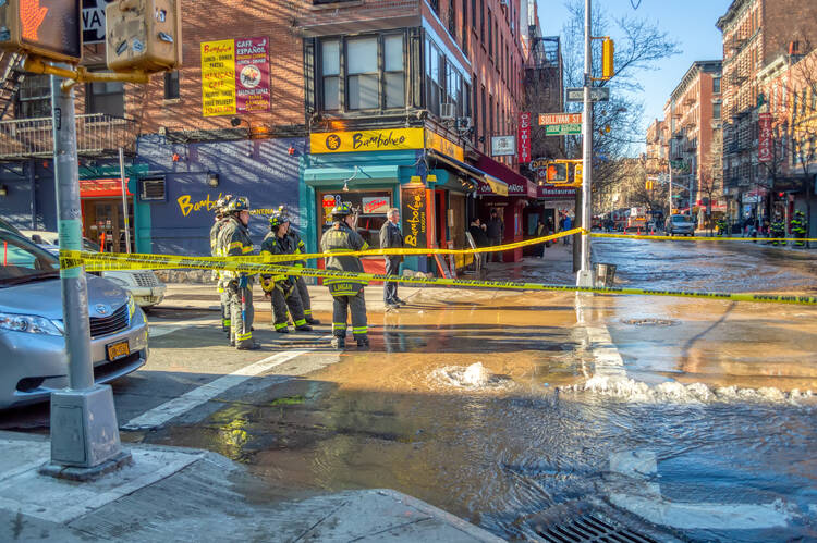 A water main break in January 2015 snarls streets in Lower Manhattan. iStock photo.