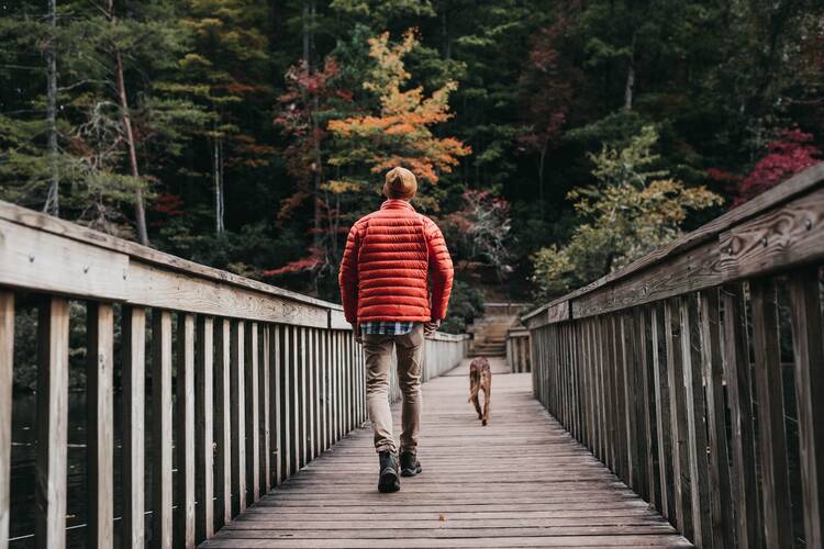 person walking dog on a bridge