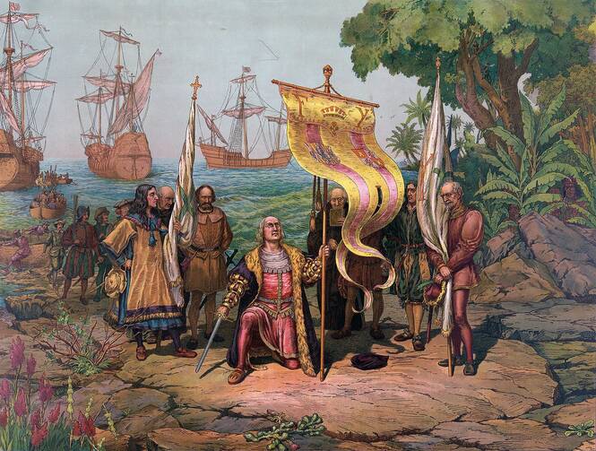 painting of columbus discovering the americas with natives and priests around him