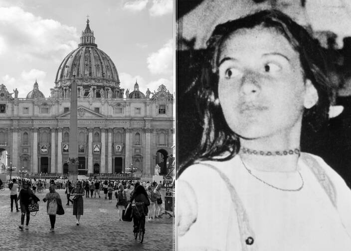 st peters basilica in a black and white photo, and emanuela orlandi on the right in a photo sent after her disappearance, she is wearing a white shirt