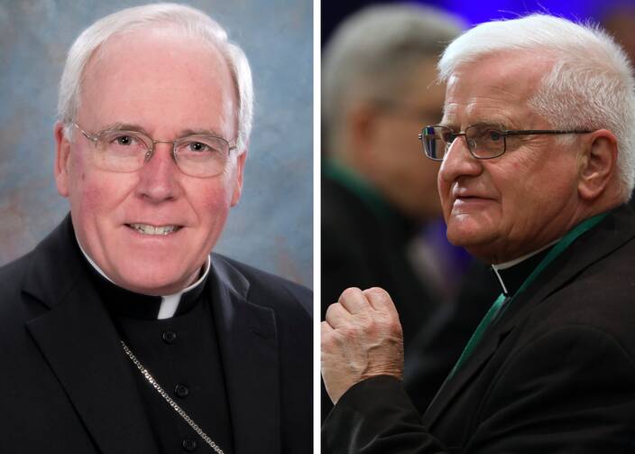 Two side-by-side pictures of Catholic priest in their black garments 