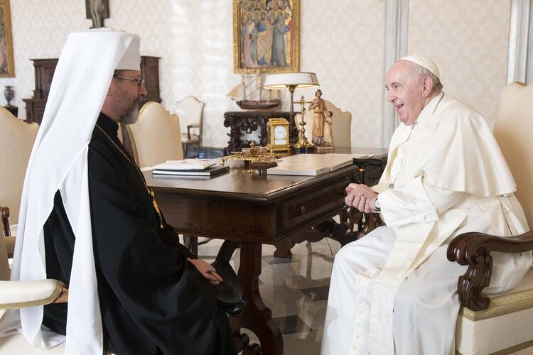 Pope Francis speaks with Ukrainian Archbishop Sviatoslav Shevchuk of Kyiv-Halych.