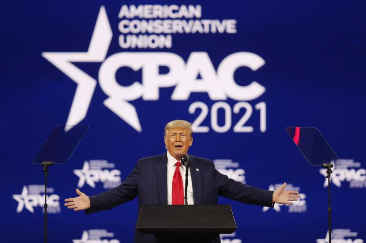 Former President Donald Trump speaks Feb. 28, 2021, during the Conservative Political Action Conference in Orlando, Fla. (CNS photo/Joe Skipper, Reuters)