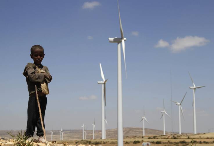 A boy stands before wind turbines at the Ashegoda Wind Farm, near Mekele in Ethiopia's Tigray region. Congolese Cardinal Fridolin Ambongo Besungu said the climate crisis is holding back African development. (CNS photo/Kumerra Gemechu, Reuters)
