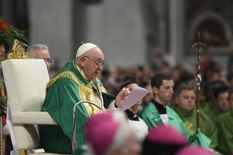 Pope Francis gives his homily on Nov. 13, 2022, during Mass for the World Day of the Poor in St. Peter's Basilica at the Vatican. (CNS photo/Vatican Media)