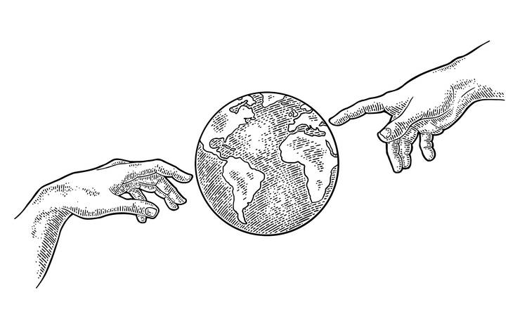 black and white drawing of a globe and two hands in the michelangelo adam and god position