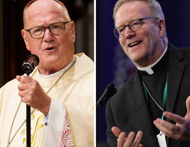 A split photo of two men, one in white cardinal garments and the other in black priest garments