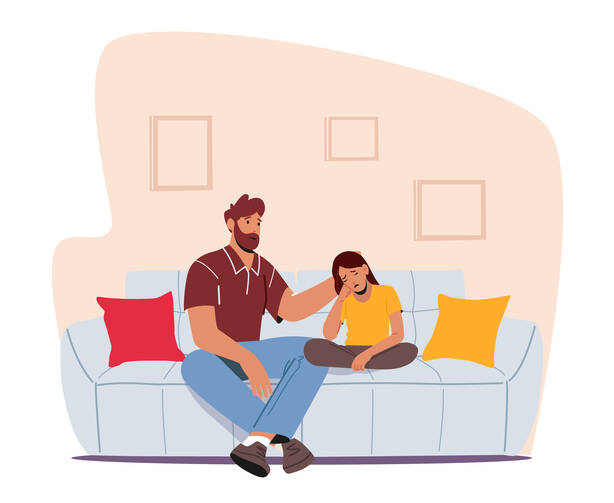 a man sits with his daughter on a couch looking sorry, a stock image cartoon drawing