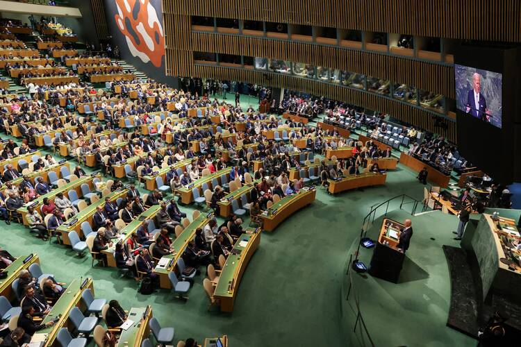 President Joe Biden addresses the 77th session of the U.N. General Assembly at the headquarters of the United Nations in New York City Sept. 21, 2022. (CNS photo/Caitlin Ochs, Reuters)