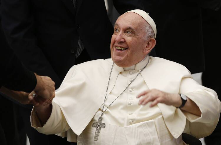 Pope Francis greets people during his general audience in the Paul VI hall at the Vatican.