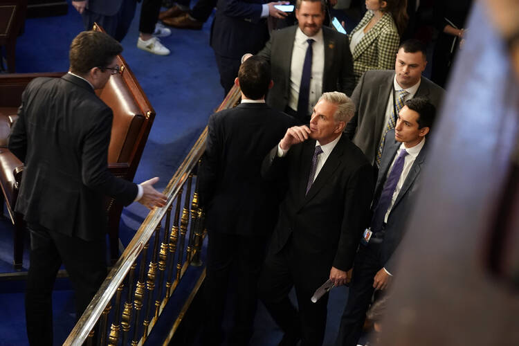 Rep. Kevin McCarthy, R-Calif., leaves the floor after the House adjourned until later in the evening as the House meets for a second day to elect a speaker and convene the 118th Congress in Washington, Wednesday, Jan. 4, 2023. (AP Photo/Andrew Harnik)