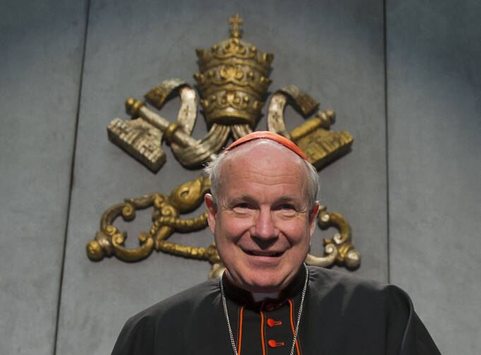 cardinal christoph schönborn sits wearing his black clothes and red cap with the papal keys seal behind him