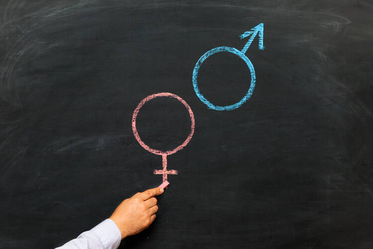 a hand draws female and male signs on a chalkboard
