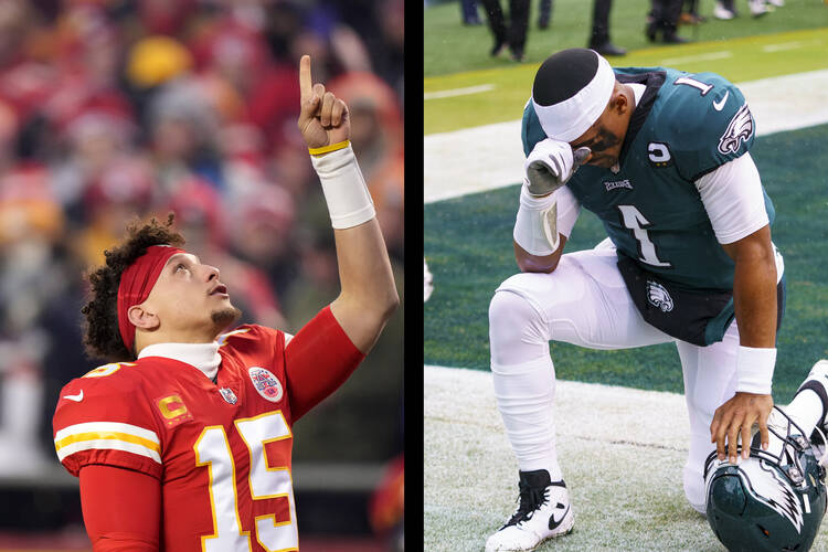 Left: Kansas City Chiefs quarterback Patrick Mahomes reacts before the NFL AFC Championship playoff football game against the Cincinnati Bengals, Sunday, Jan. 29, 2023, in Kansas City, Mo. Right: Philadelphia Eagles quarterbacks Jalen Hurts kneels with running back Miles Sanders during the NFL football game against the Jacksonville Jaguars, Sunday, Oct. 2, 2022, in Philadelphia.