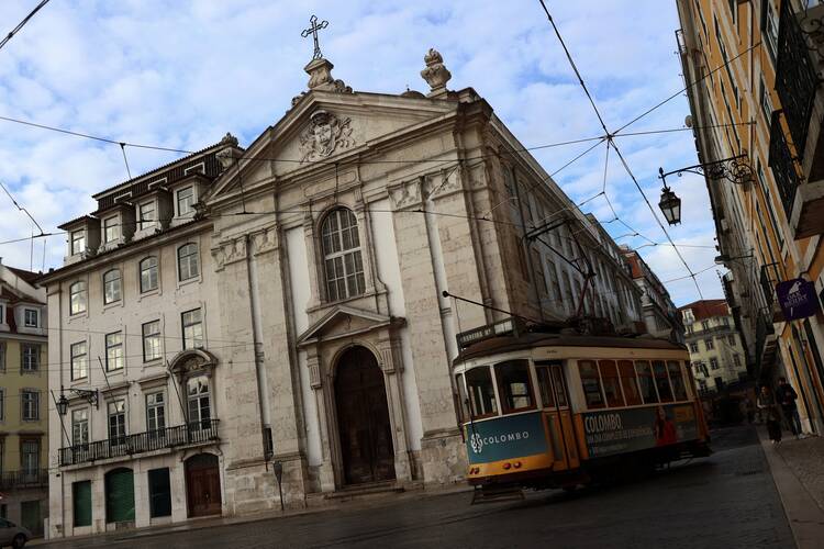 A view of a grey church building