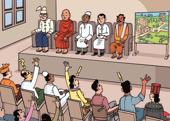 graphic showing various religious leaders sitting in front of a crowd whose hands are raised asking questions