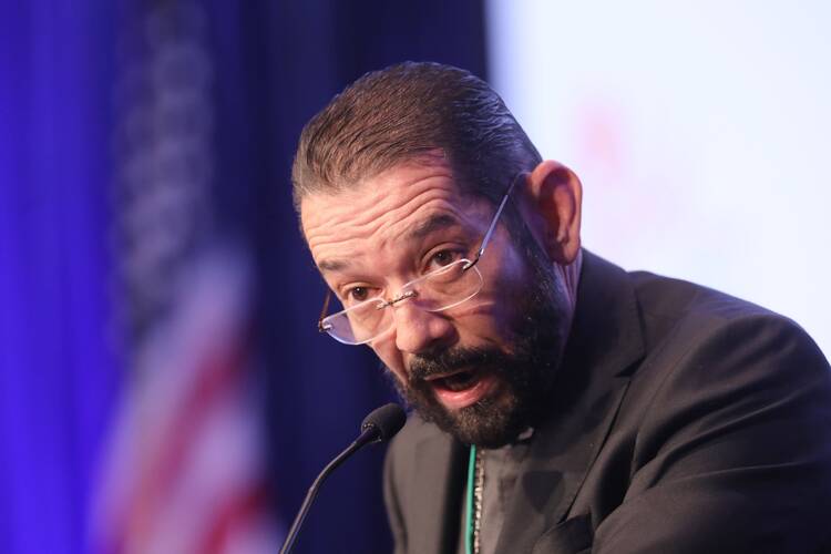 A bishop in black robes speaks into a microphone at a bishops' conference