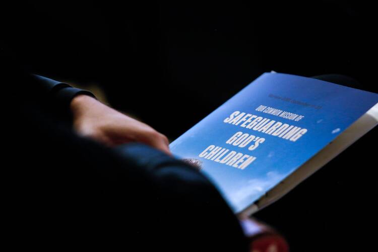A person holds a program that reads "Our Common Mission of Safeguarding God's Children,"