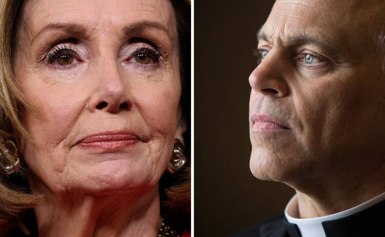 side-by-side headshots of nancy pelosi and archbishop salvatore cordileone