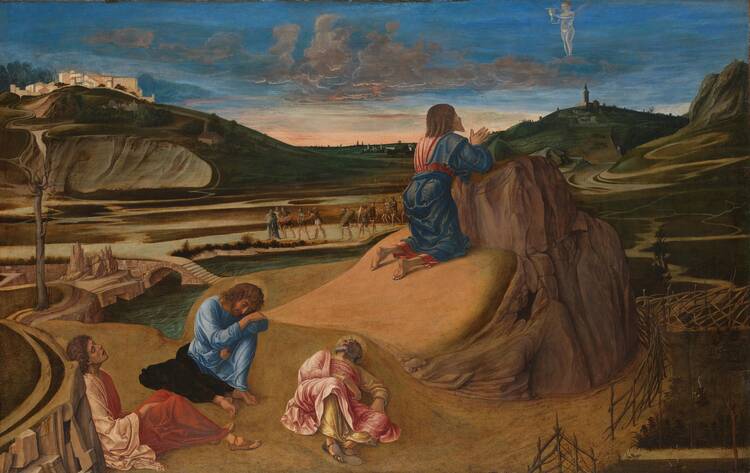 The Agony in the Garden: Jesus prays as the disciples sleep below him.
