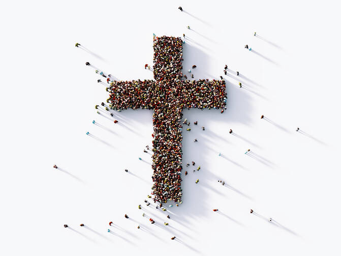 An illustration with an aerial view of hundreds of people coming together in the shape of a cross