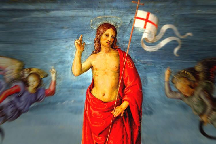 a painting of the resurrected christ against a blue background