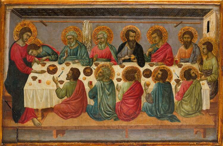 jesus is surrounded by his disciples at a table in a 14th-century depiction of the Last Supper
