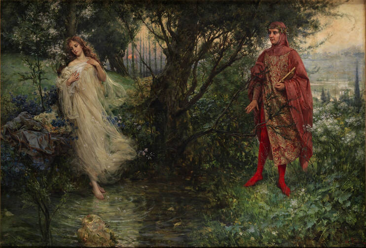 A painting of the writer Dante and his beloved, Beatrice, standing on either side of a tree
