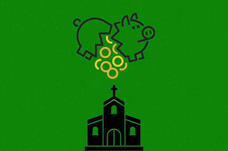 an illustration of a broken piggy bank spilling coins on to a church against a green background