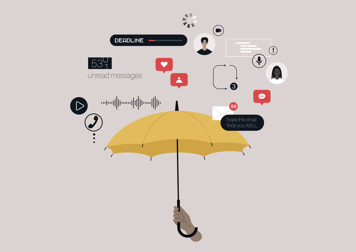 An umbrella positioned below an array of images representing technical distractions 