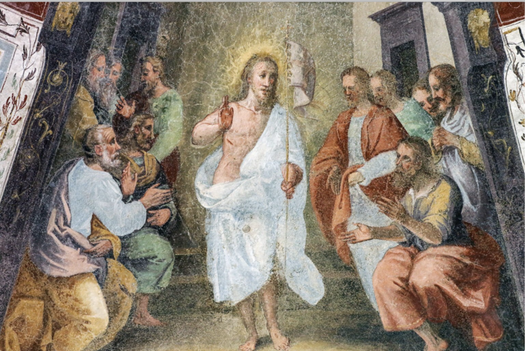 A depiction of Jesus in a white robe after the resurrection