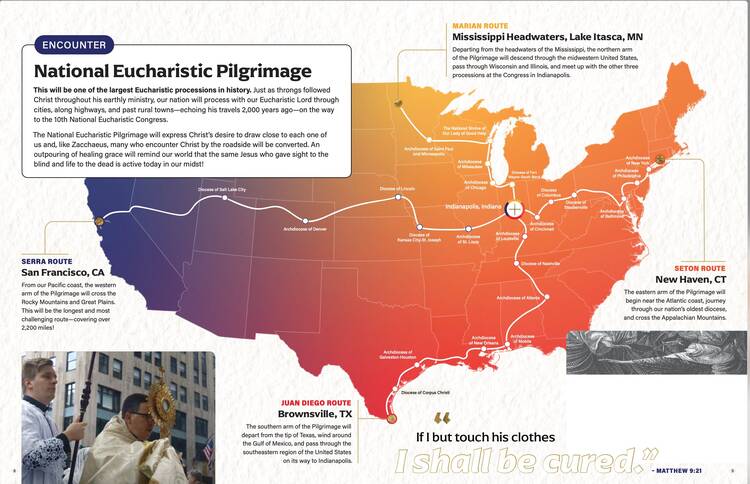 a map of the united states showing the four routes of the pilgrimage for the national eucharistic pilgrimage for 2024