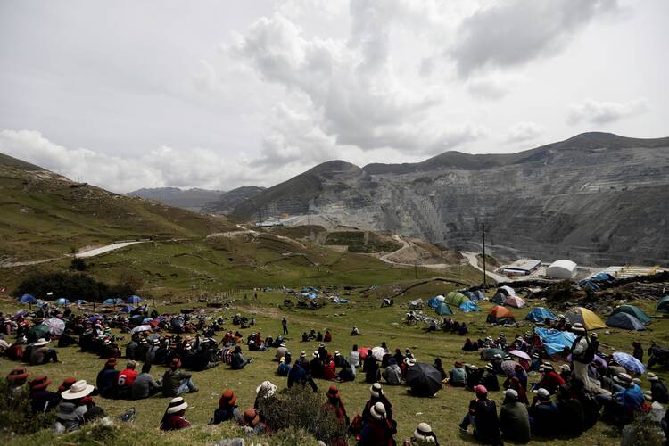 Members of Indigenous communities camp on the property of Chinese-owned Las Bambas copper mine in Peru April 26, 2022. (CNS photo/Angela Ponce, Reuters)