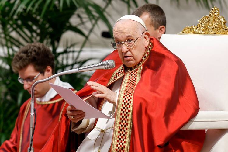 Pope Francis delivers his homily during his Pentecost Mass in St. Peter's Basilica at the Vatican May 28, 2023.