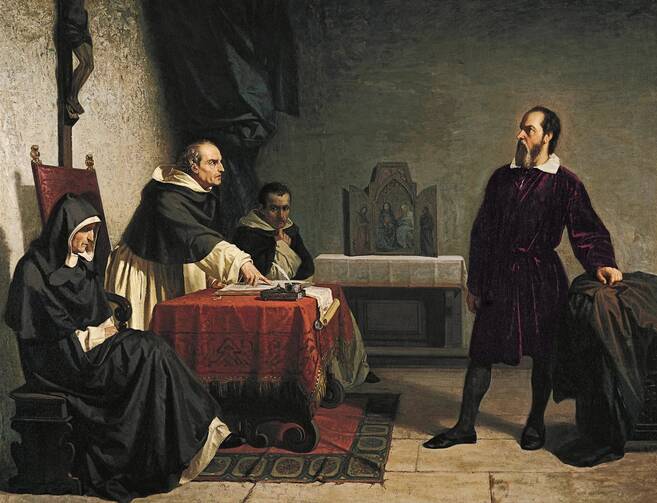 A painting of Galileo, dressed in black, right, facing off against three members of the Roman Inquisition, left.