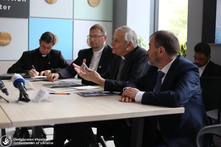 cardinal matteo zuppi gestures during a meeting sitting at a table with dmytro lubinets 