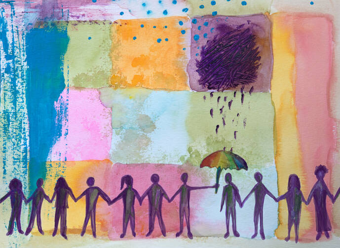 on a colorful background, stick figure people hold hands, and one holds an umbrella above a person who has a dark cloud over them, signifying mental health aid