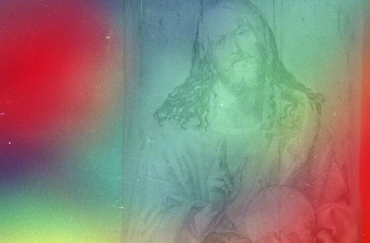 an infrared reflectogram of Albrecht Dürer's Salvator Mundi overlayed behind a burst of color